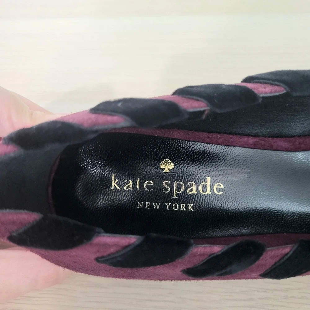 Kate Spade Kalani Suede Flats Cherry Burgundy Red Purple Black Bow Point Shoes 8